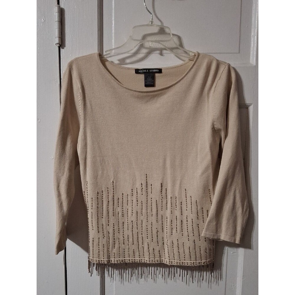 Nicole Studio Beige Fringe Hem Women's Sweater Top (Mis199)